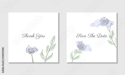 Vector watercolour card template with cornflowers and leaves. Blue and green palette