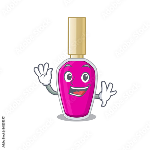 A charismatic pink nail polish mascot design concept smiling and waving hand