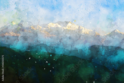 Abstract painting of mountains, nature landscape image, digital watercolor illustration, art for background