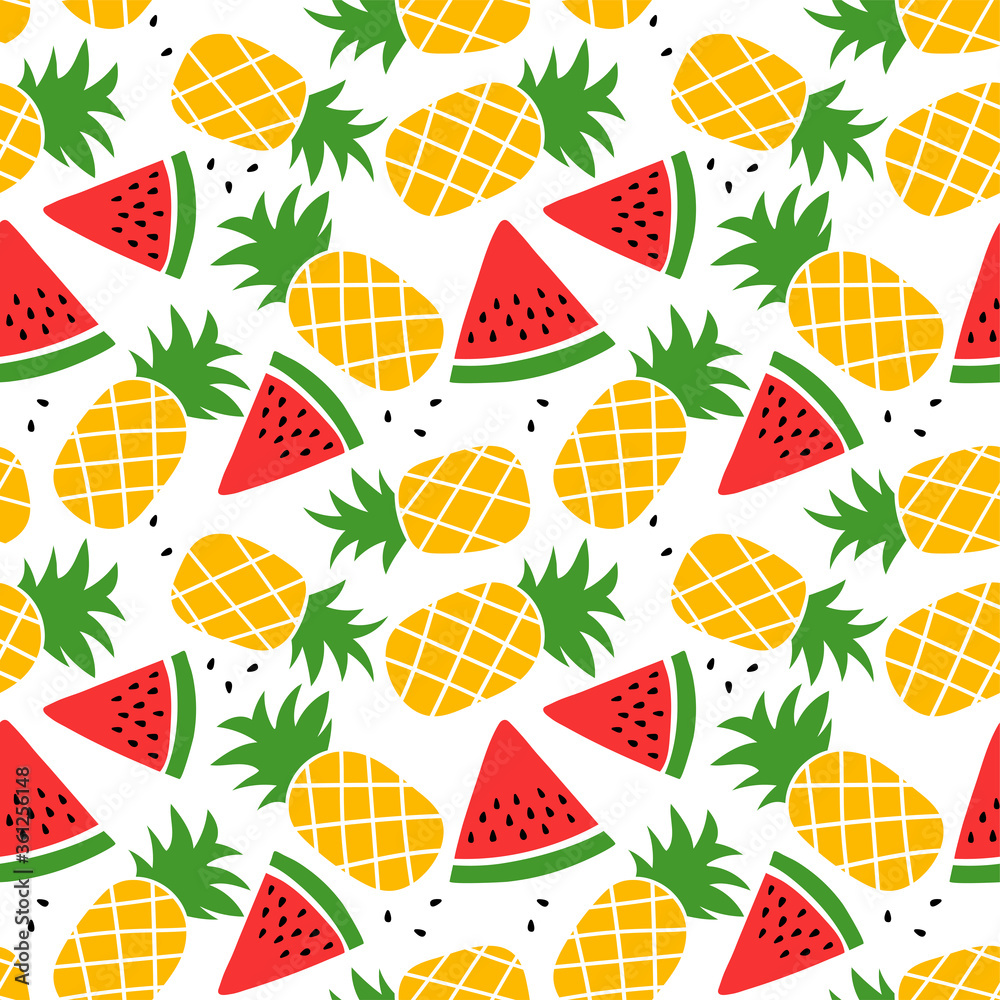 Pineapple and watermelon seamless pattern. Hand drawn vector sketch background. Color doodle wallpaper. Exotic tropical fruit. Fashion design. Food print for kitchen tablecloth Pineapple and watermelon seamless pattern. Hand drawn vector sketch background. Color doodle wallpaper. Exotic tropical fruit. Fashion design. Food print for kitchen tablecloth