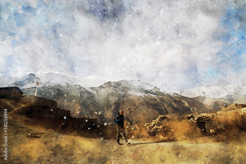 Bilde på lerret Abstract painting of solo trekker on mountain, digital watercolor illustration,