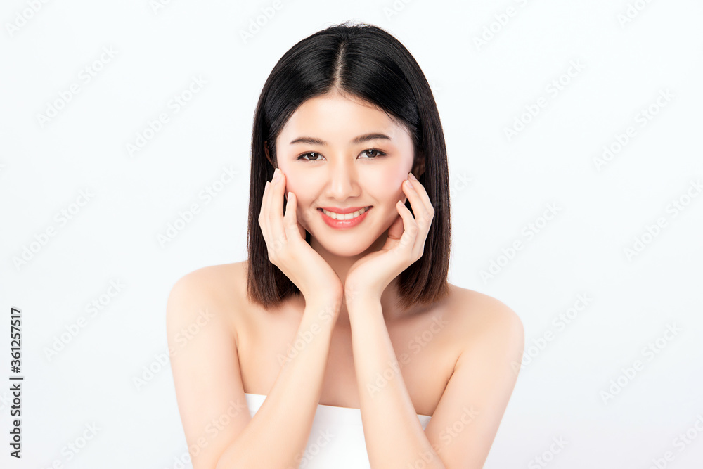 Beautiful Young asian Woman touching her clean face with fresh Healthy Skin, isolated on white background, Beauty Cosmetics and Facial treatment Concept Beautiful Young asian Woman touching her clean face with fresh Healthy Skin, isolated on white background, Beauty Cosmetics and Facial treatment Concept