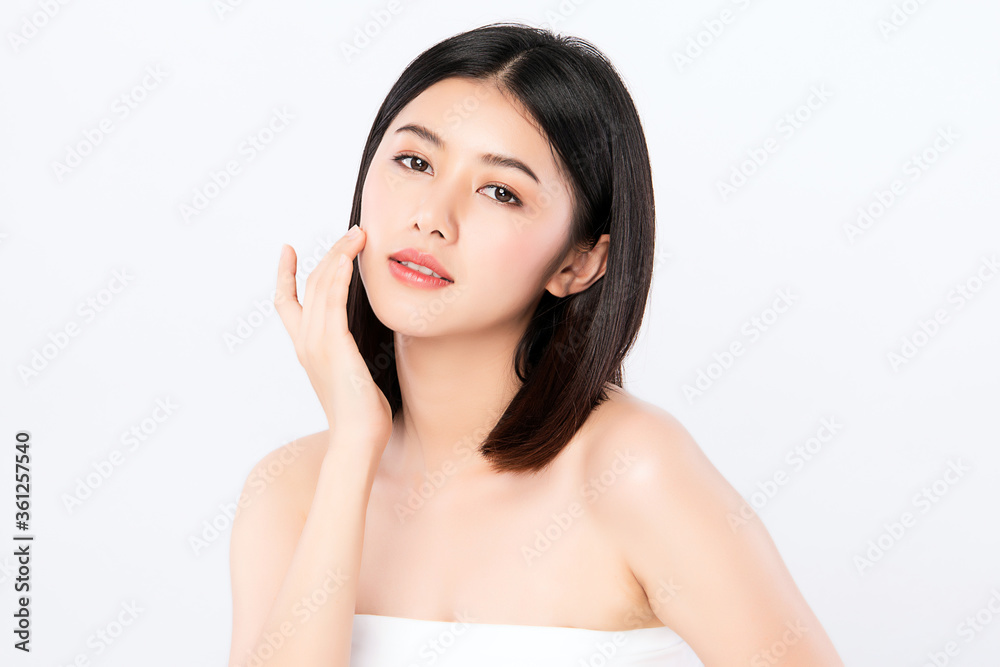Beautiful Young asian Woman touching her clean face with fresh Healthy Skin, isolated on white background, Beauty Cosmetics and Facial treatment Concept Beautiful Young asian Woman touching her clean face with fresh Healthy Skin, isolated on white background, Beauty Cosmetics and Facial treatment Concept