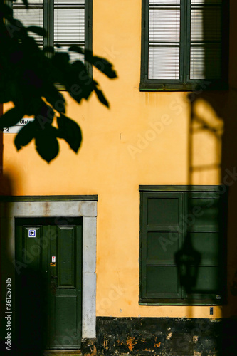 Stockholm  Sweden June 29  2020 A house and strong afternoon shadows on Tradgardsgatan in the Old Town or Gamla Stan.