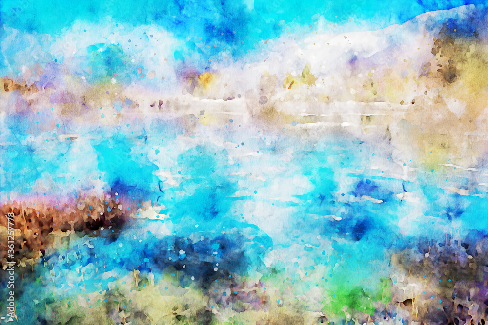 Abstract painting of lake and mountain, nature landscape image, digital watercolor illustration