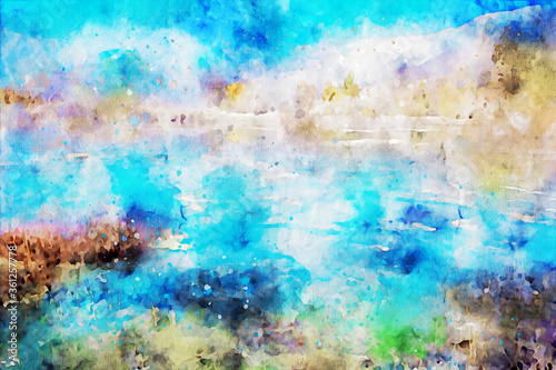 Abstract painting of lake and mountain, nature landscape image, digital watercolor illustration © pomiti