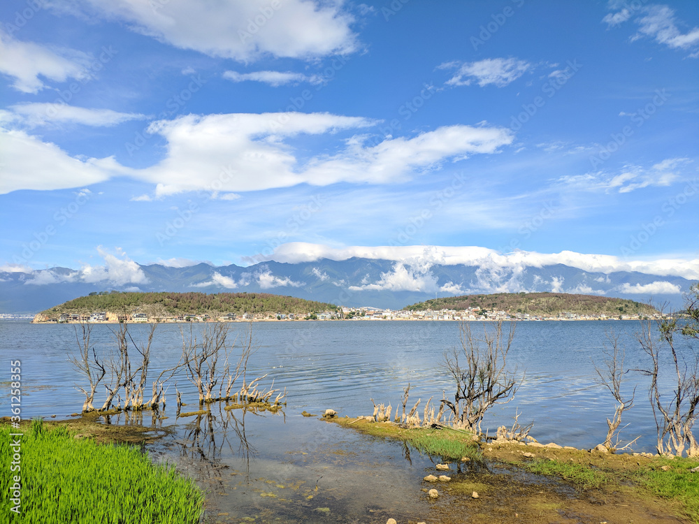 landscape of blue lake and blue sky in sunny day 