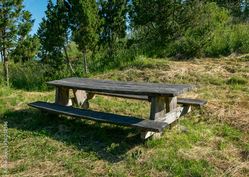 landscape with a naturally decorated seating area, wooden table and bench, summer landscape
