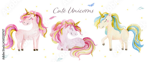 Set of Isolated cute watercolor unicorns clipart. Nursery unicorns illustration. Princess unicorns poster. Trendy cartoon horse.