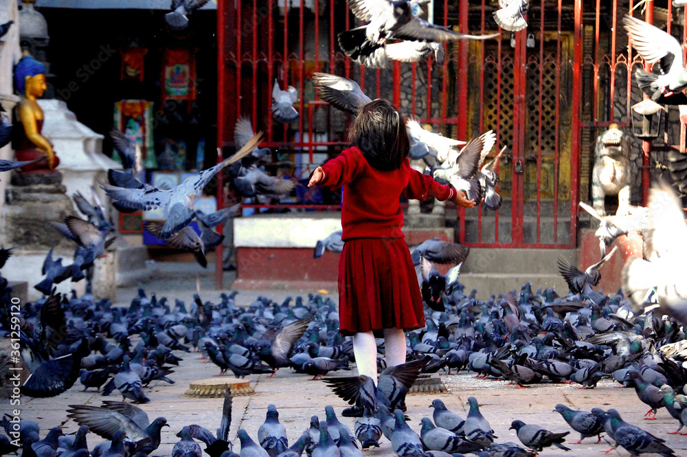 girl surrounded by pigeons