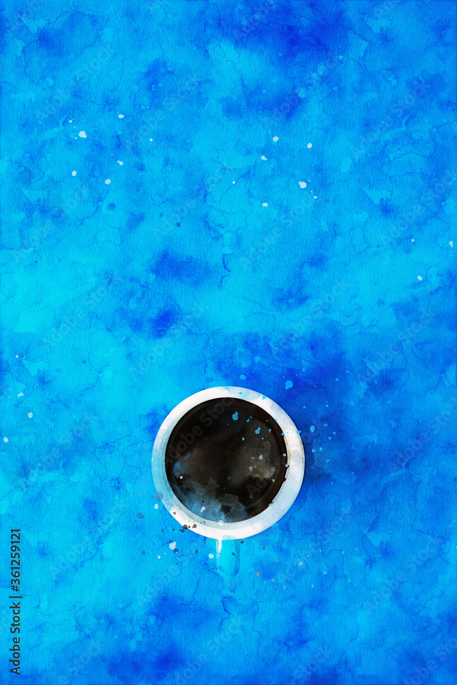 Abstract painting of cup on blue background, nature landscape image, digital watercolor illustration, art for background Abstract painting of cup on blue background, nature landscape image, digital watercolor illustration, art for background