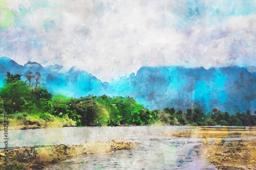 Abstract painting of mountains and river, nature landscape image, digital watercolor illustration, art for background