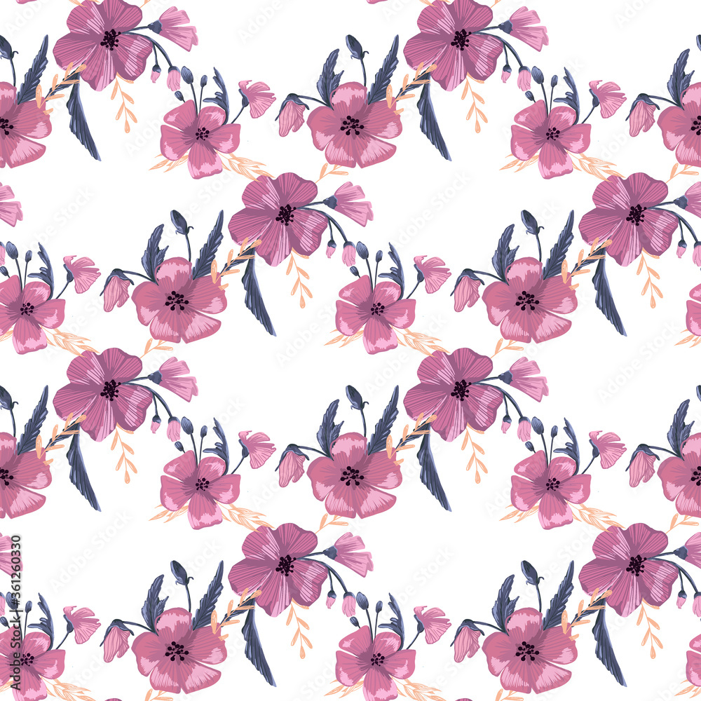 Simple cute floral bouquet vector pattern with small and medium flowers and leaves.
