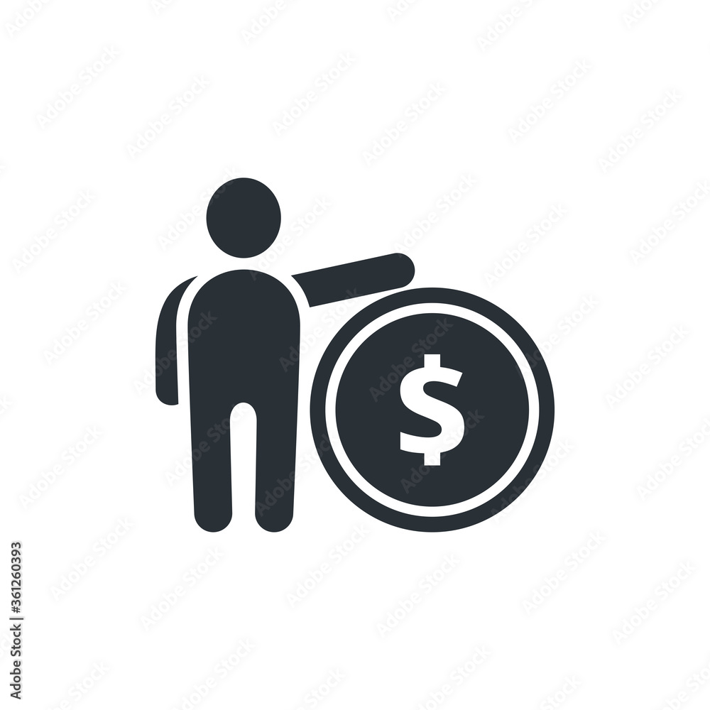 flat vector image on white background, icon of a man with a coin, receiving money flat vector image on white background, icon of a man with a coin, receiving money
