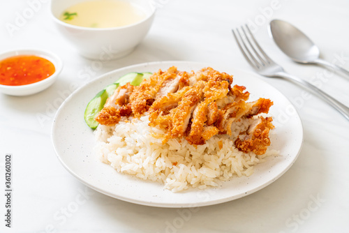 Hainanese chicken rice with fried chicken