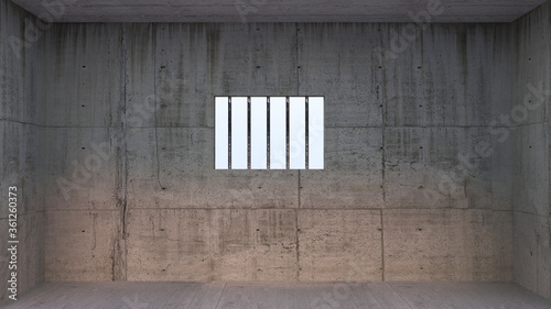 Prison cell with light shining through a barred window -  inside jail barrier, bars-- 3D Rendering