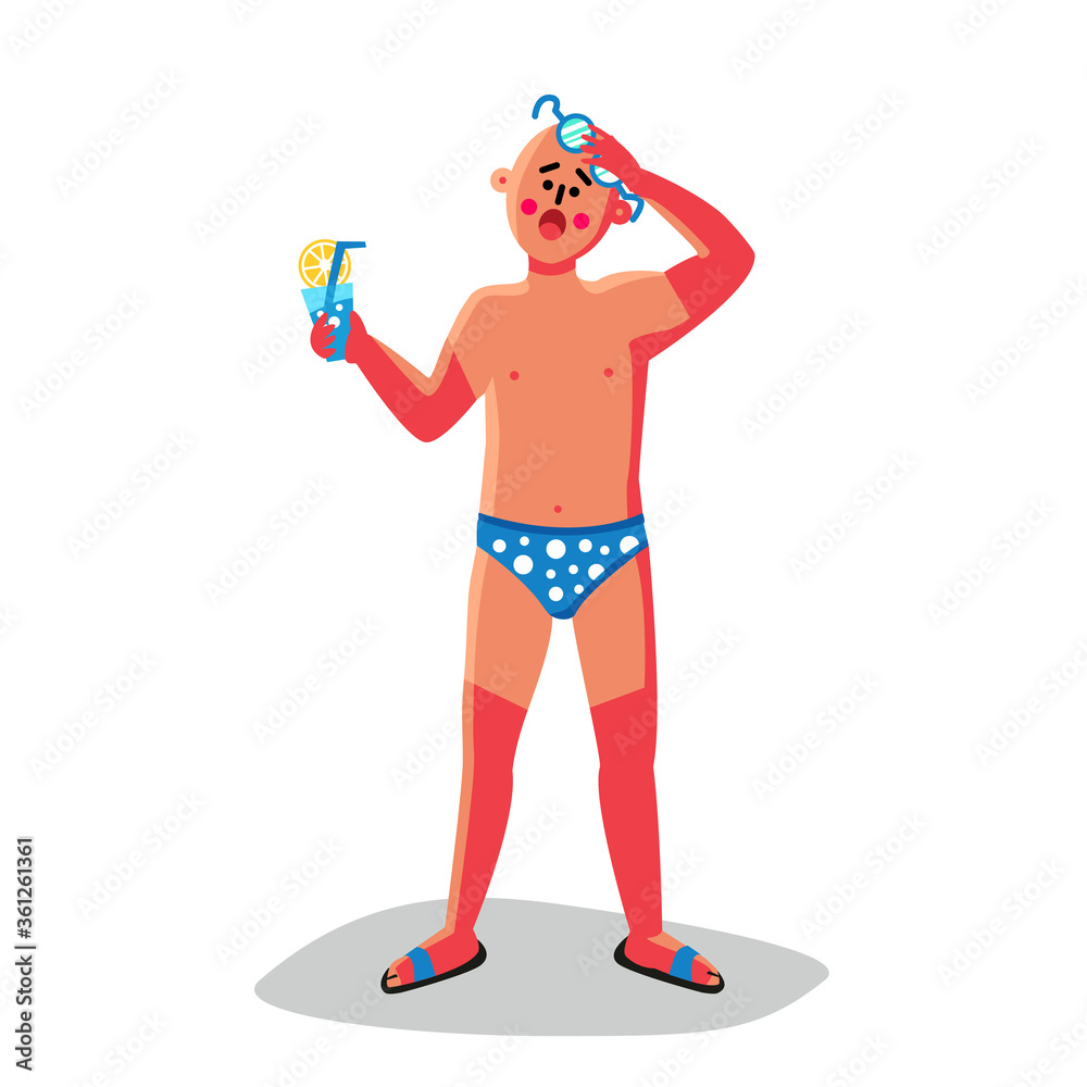 Sunburn Body Pain Man With Cocktail Glass Vector Sunburn Body Pain Man With Cocktail Glass Vector