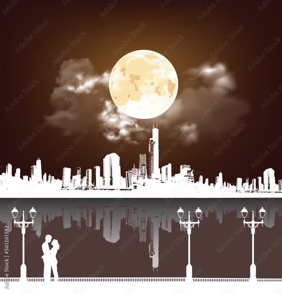 Silhouetted young lovers on a promenade set against a stunning full moon sky and generic Cityscape background