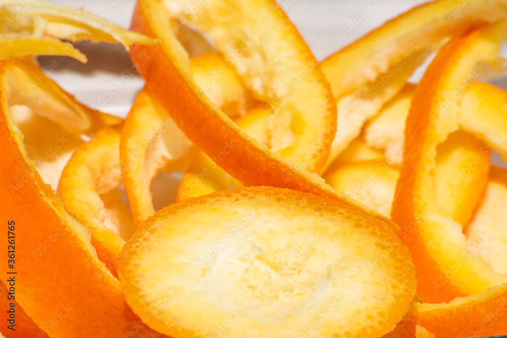 Pieces of orange skin skin for homemade succade, soft focus Pieces of orange skin skin for homemade succade, soft focus