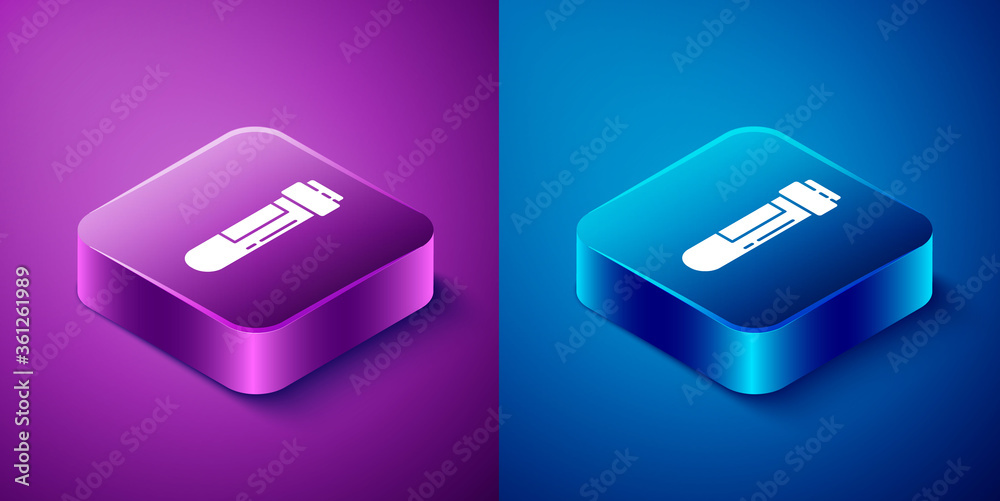 Isometric Test tube or flask with blood icon isolated on blue and purple background. Laboratory, chemical, scientific glassware sign. Square button. Vector Illustration. Isometric Test tube or flask with blood icon isolated on blue and purple background. Laboratory, chemical, scientific glassware sign. Square button. Vector Illustration.