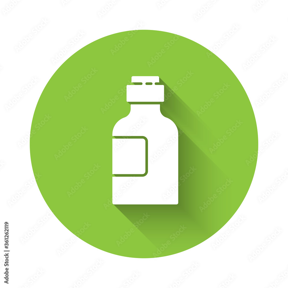 White Bottle of medicine syrup icon isolated with long shadow. Green circle button. Vector Illustration. White Bottle of medicine syrup icon isolated with long shadow. Green circle button. Vector Illustration.