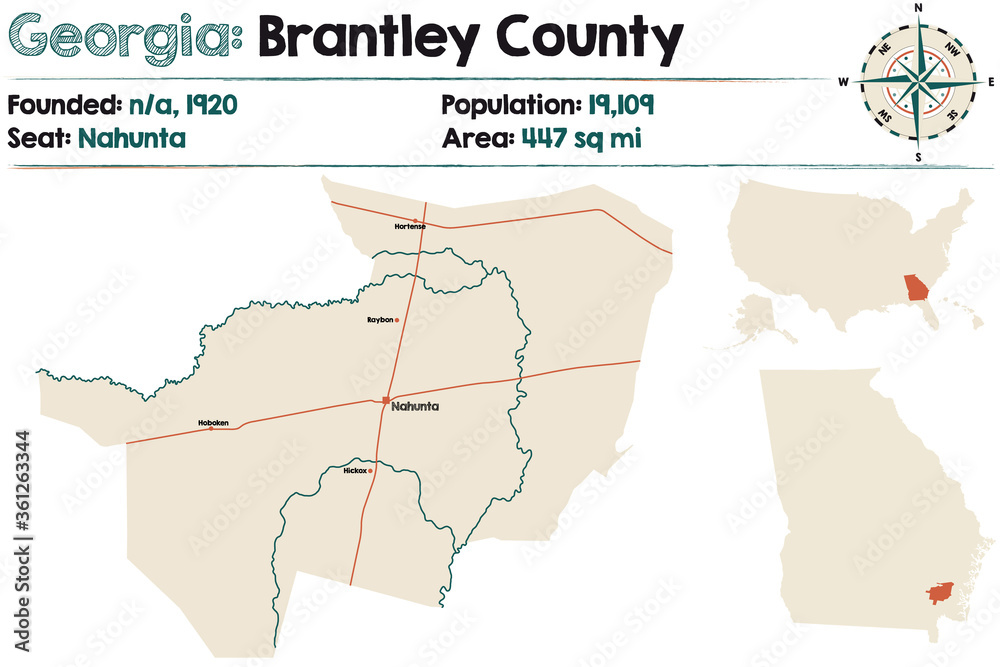 Large and detailed map of Brantley county in Georgia, USA.