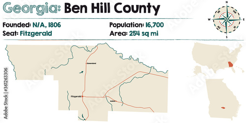 Large and detailed map of Ben Hill county in Georgia, USA.