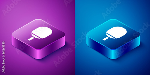 Isometric Racket for playing table tennis icon isolated on blue and purple background. Square button. Vector Illustration.