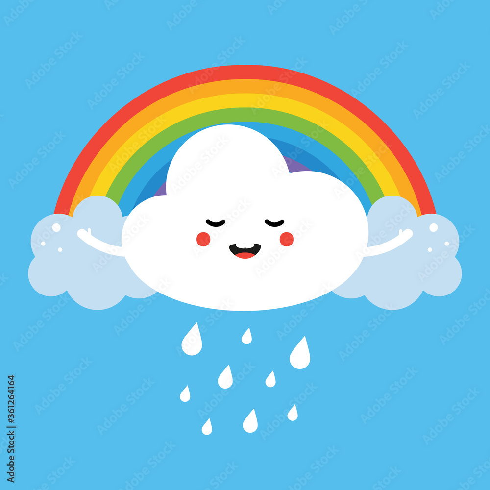 Happy smiling raining cloud character in front of the rainbow vector cartoon illustration for kids, children print design. Happy smiling raining cloud character in front of the rainbow vector cartoon illustration for kids, children print design.