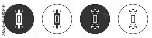 Black Longboard or skateboard cruiser icon isolated on white background. Extreme sport. Sport equipment. Circle button. Vector Illustration.