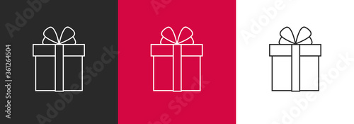 Set of gift box line icon pictogram on different backdrop of black, red and white, simple linear graphic