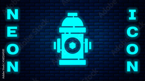 Glowing neon Fire hydrant icon isolated on brick wall background. Vector Illustration.