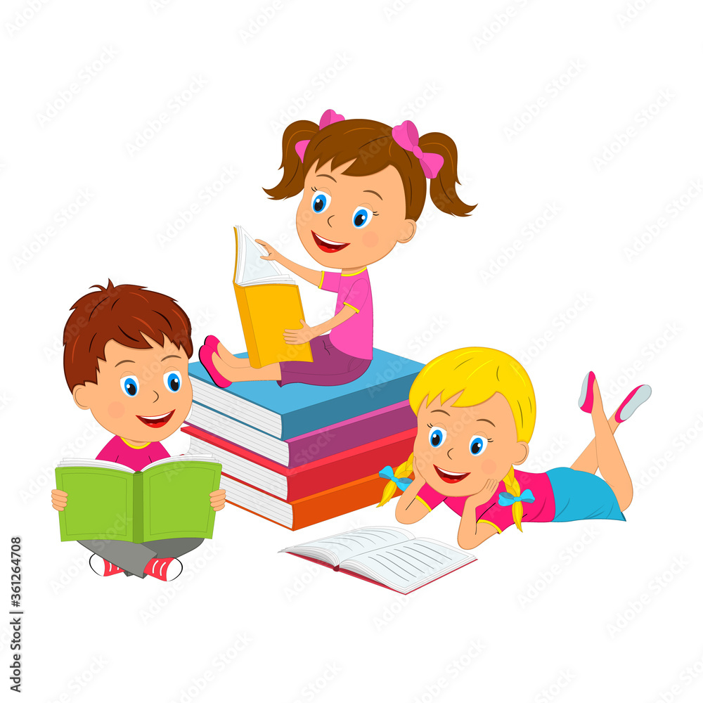 cartoon kids,boy and girls read books, illustration, vector