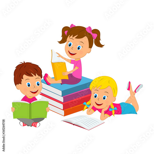 cartoon kids,boy and girls read books, illustration, vector © Irina