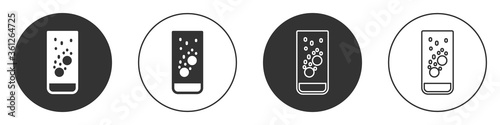 Black Effervescent aspirin tablets dissolve in a glass of water icon isolated on white background. Circle button. Vector Illustration.