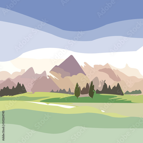 Decorative landscape with mountains red