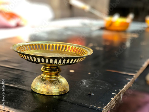 The golden yellow tray for the merit-making ceremony for the monks.