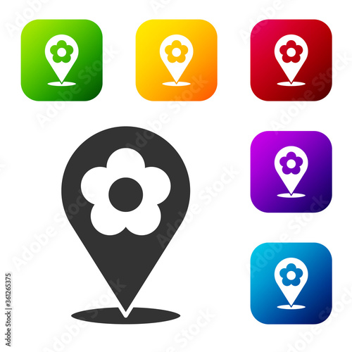 Black Location with flower icon isolated on white background. Set icons in color square buttons. Vector Illustration.
