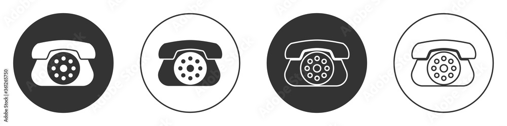 Black Telephone icon isolated on white background. Landline phone. Circle button. Vector Illustration. Black Telephone icon isolated on white background. Landline phone. Circle button. Vector Illustration.
