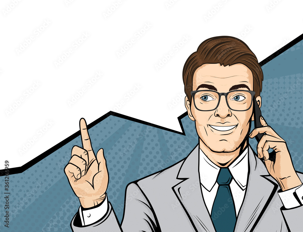 Pop art smiling businessman with glasses. Man in a suit is talking on the phone and pointing his finger. Retro halftone background. Stock vector illustration. Pop art smiling businessman with glasses. Man in a suit is talking on the phone and pointing his finger. Retro halftone background. Stock vector illustration.