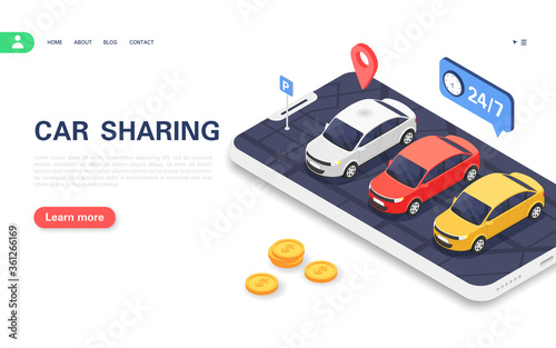 Car sharing concept banner. Parking with cars for customers on the smartphone screen.