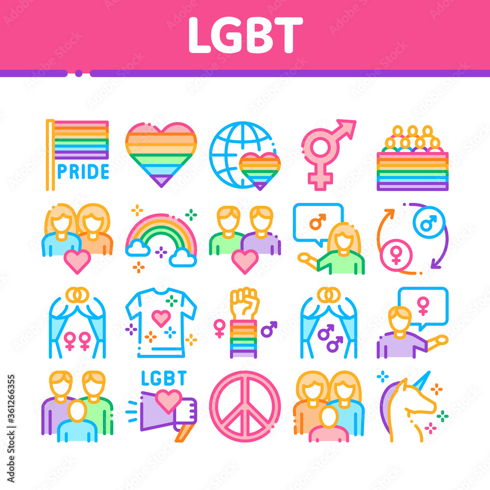 Lgbt Homosexual Gay Collection Icons Set Vector. Lgbt Community And Flag, Unicorn And Rainbow, Love Freedom And Marriage Concept Linear Pictograms. Color Illustrations