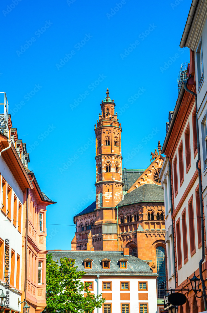 Mainz Cathedral or St. Martin's Cathedral Roman catholic church building and traditional german houses