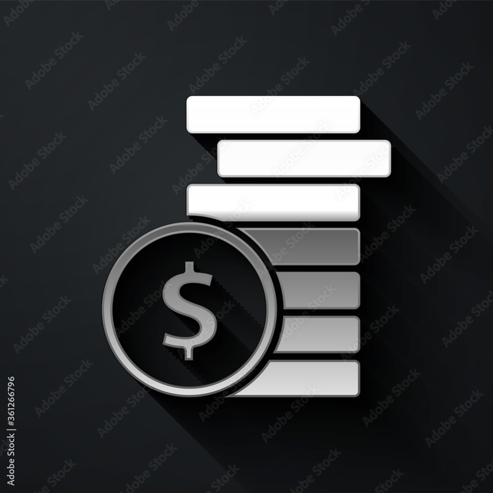 Silver Coin money with dollar symbol icon isolated on black background. Banking currency sign. Cash symbol. Long shadow style. Vector Illustration. Silver Coin money with dollar symbol icon isolated on black background. Banking currency sign. Cash symbol. Long shadow style. Vector Illustration.