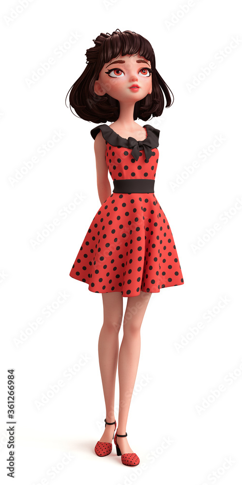 Romantic brunette young woman with big brown eyes. Beautiful cute cartoon fashion valentines girl in red dress with black polka dots holding hands behind her back. 3d render isolated on white backdrop