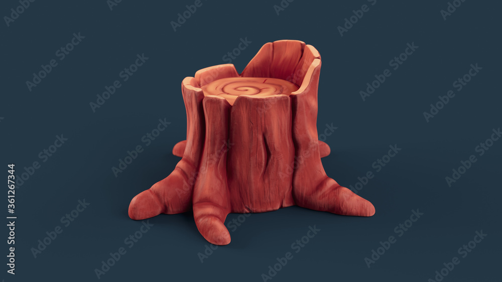 Concept art funny cartoon stump. Nice magic big brown old tree stump with  roots. Cute illustration of a nature object. Element environment. Stylized  forest clip art. 3d rendering on blue background. Stock