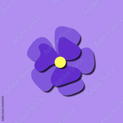 Paper cut cute pansy flower in paper art style on violet background. Origami style stock illustration trendy paper carved flat image