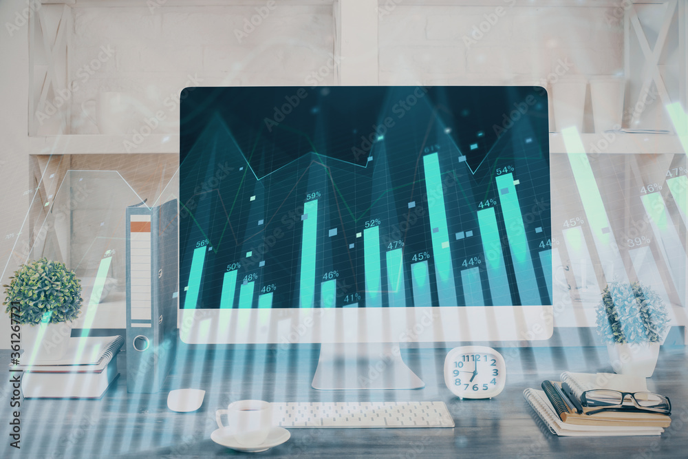 Forex graph hologram on table with computer background. Double exposure. Concept of financial markets. Forex graph hologram on table with computer background. Double exposure. Concept of financial markets.