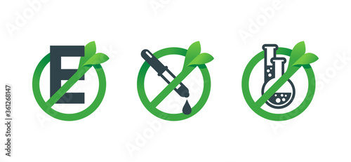 No preservatives, no additives, E number and dye free prohibition sign - green organic food stickers - set of vector icons (labels)