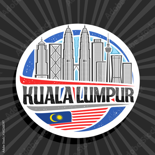 Canvas Print Vector logo for Kuala Lumpur, white sticker with line art illustration of modern kuala lumpur city scape on day sky background, tourist fridge magnet with unique letters for black words kuala lumpur